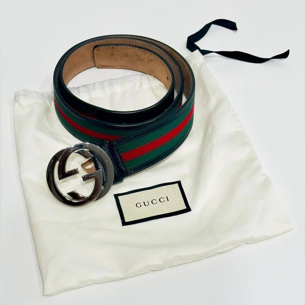 Gucci Web Canvas Black Leather Belt 114984 Silver Interlocking G Buckle 100/40